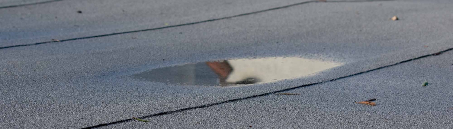Ponding rainwater on flat roof after rain, roof drainage and leak problem